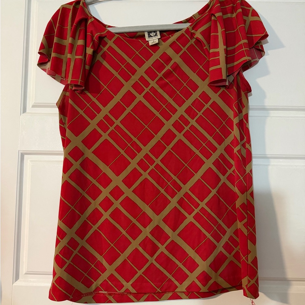 Anne Klein Red and Tan Plaid Blouse